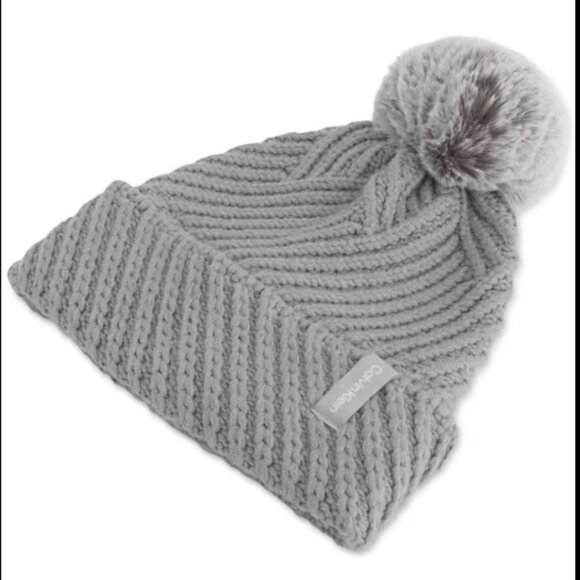 Calvin Klein Chunky Rib Knit Pom Beanie - Heathered Mid Gray main image 4